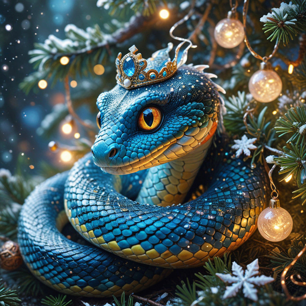 Whimsical Crowned Baby Snake in Festive Fantasy Scene
