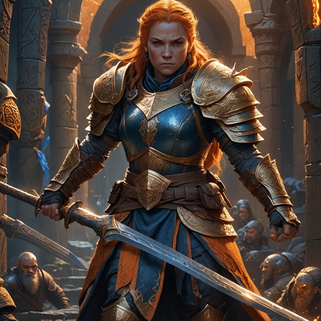 Female Dwarf Fighter with Runed Sword
