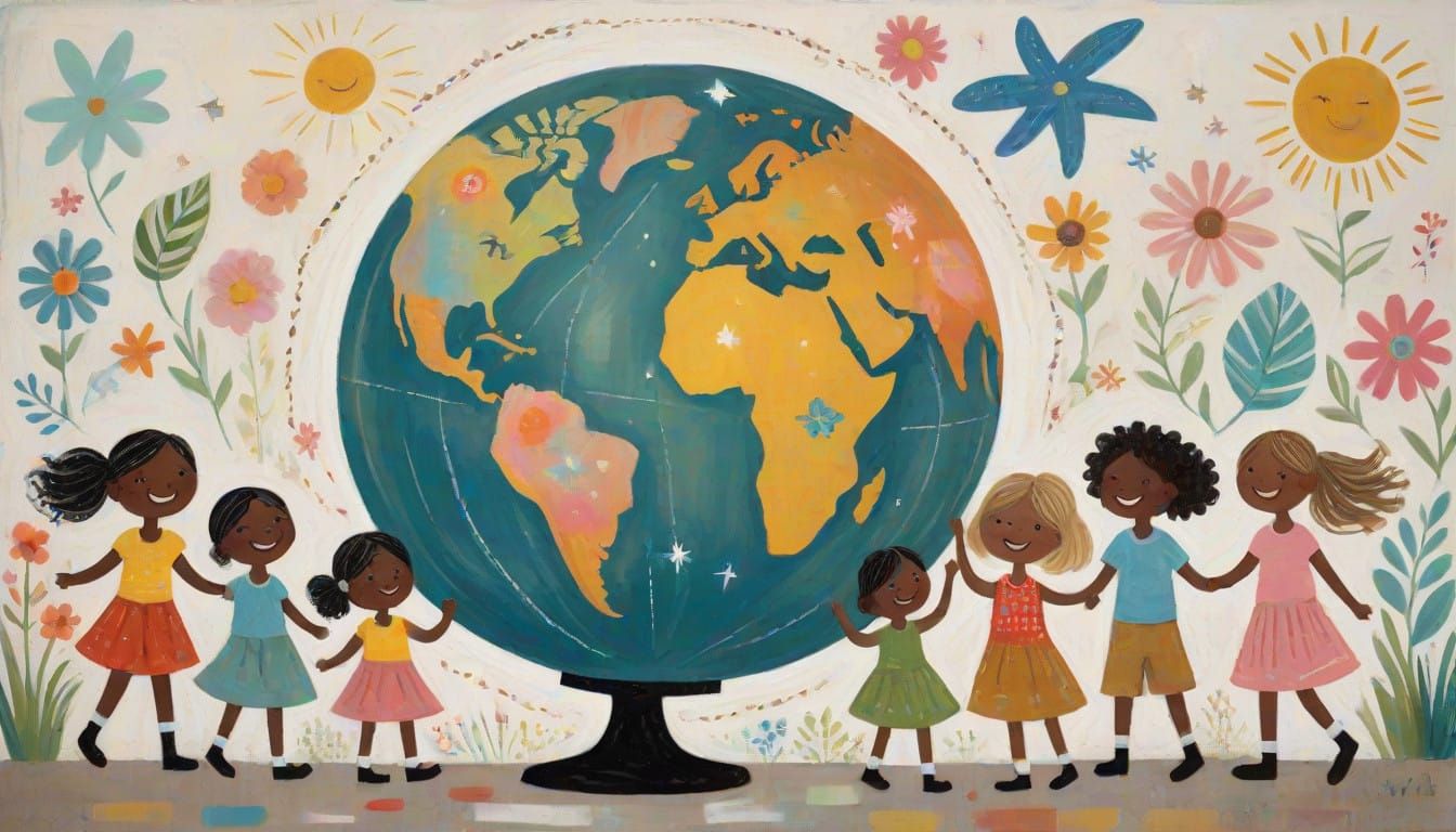 Joyful Children Dance Around a Vibrant Globe in Whimsical St...