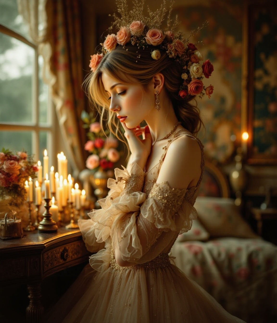 Nouveau Goddess in Ornate Room with Golden Light