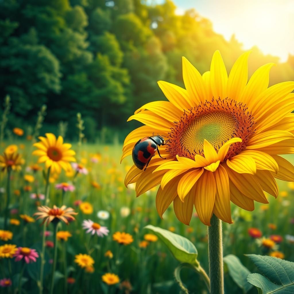 Ladybug on Sunflower in Sunny Meadow