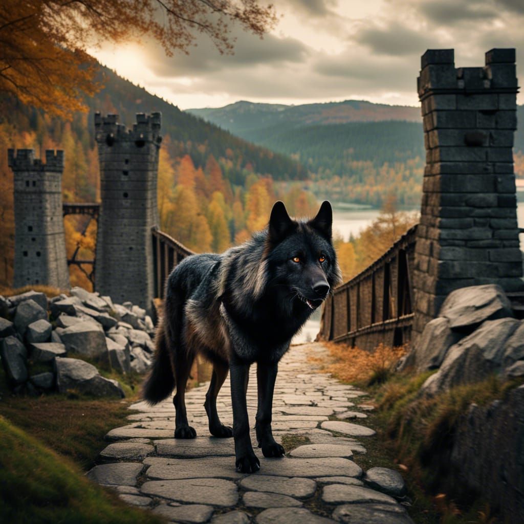 Black Wolf on Stone Bridge to Medieval Castle