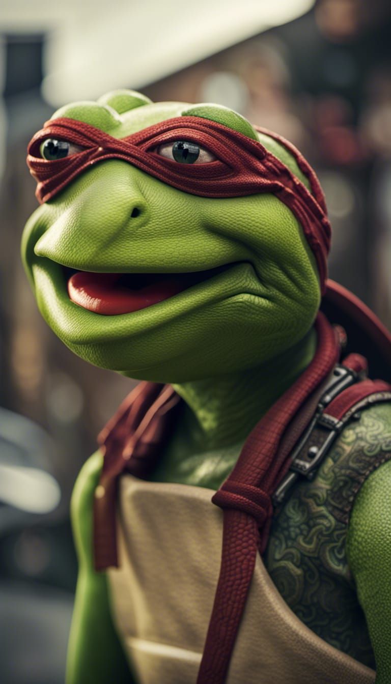 Kermit as Ninja Turtle in Hyperrealistic Style