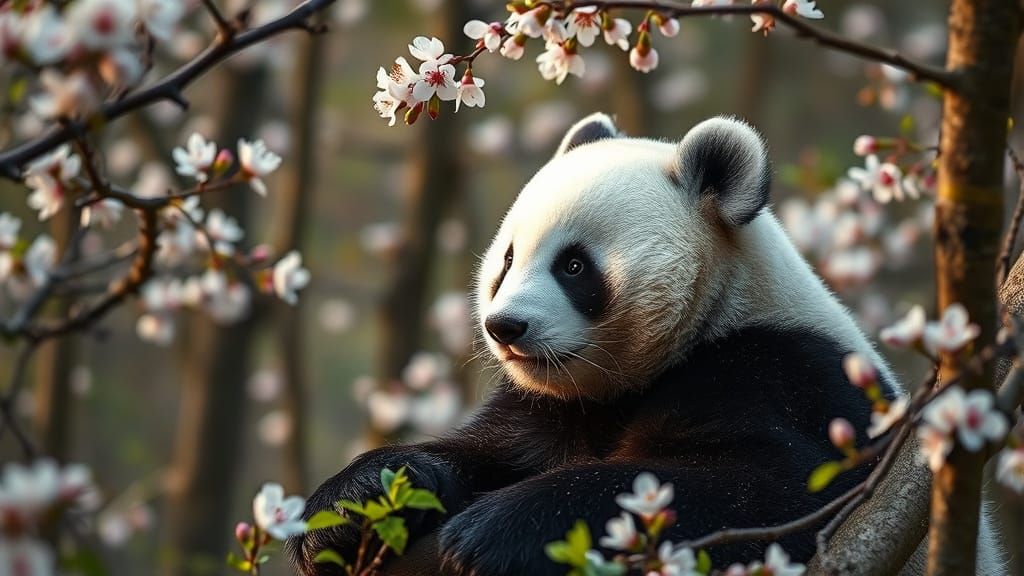 Panda in Blossom Reverie: Springtime Forest Scene