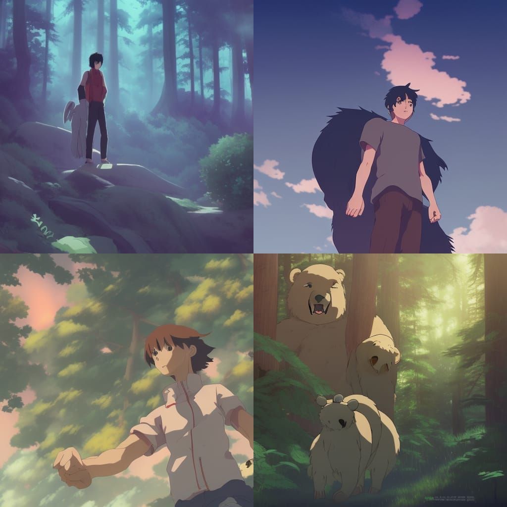 Anime Forest Bear Spirits in Ghibli Style