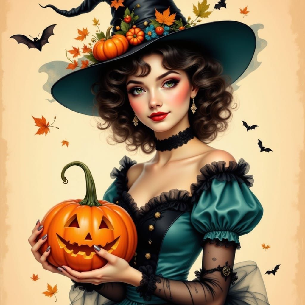 Beautiful Witch with Pumpkin in Victorian Illustration Style