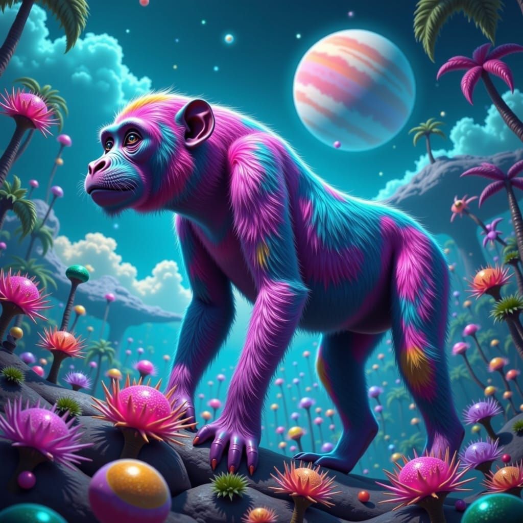 Iridescent Apes in Rainbow Landscape with Astral Sky