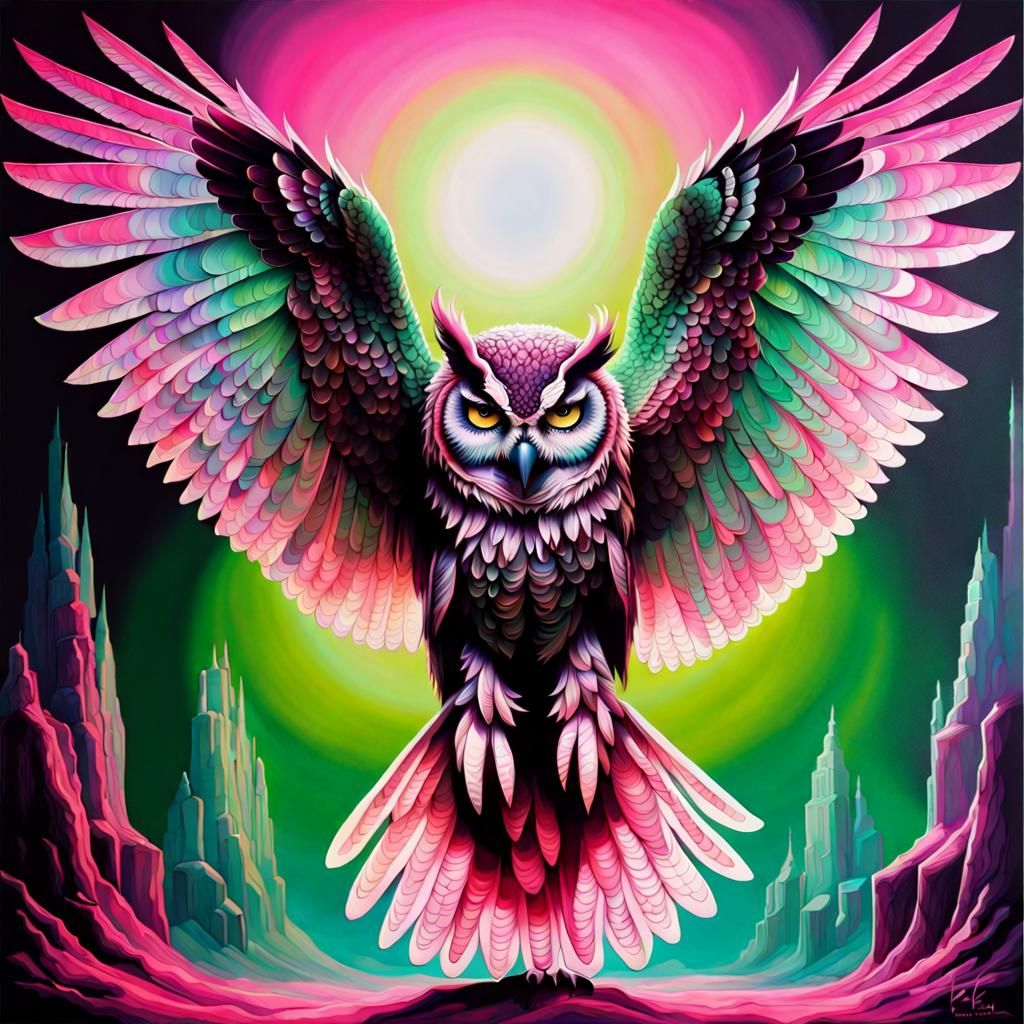 Majestic Owl in Blacklight Painting Style