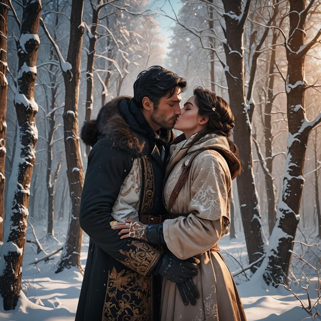 Romantic Kiss in Snowy Woods: Fantasy Concept Art