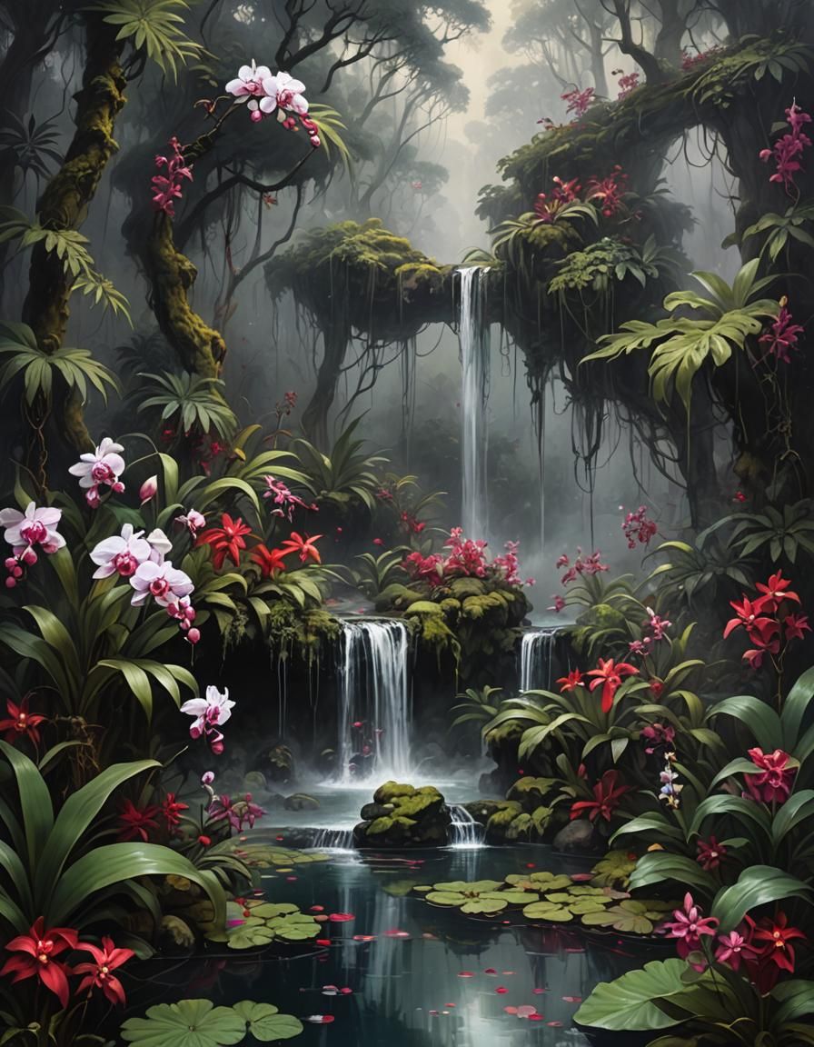 Eerie Misty Forest with Waterfall in Dark Academia Style