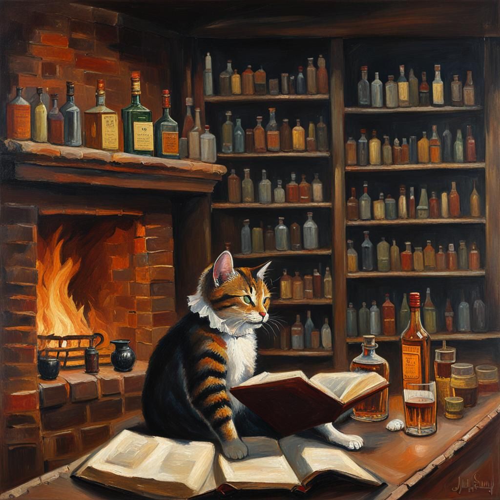 Cat Reading by Fireplace: An Oil Painting