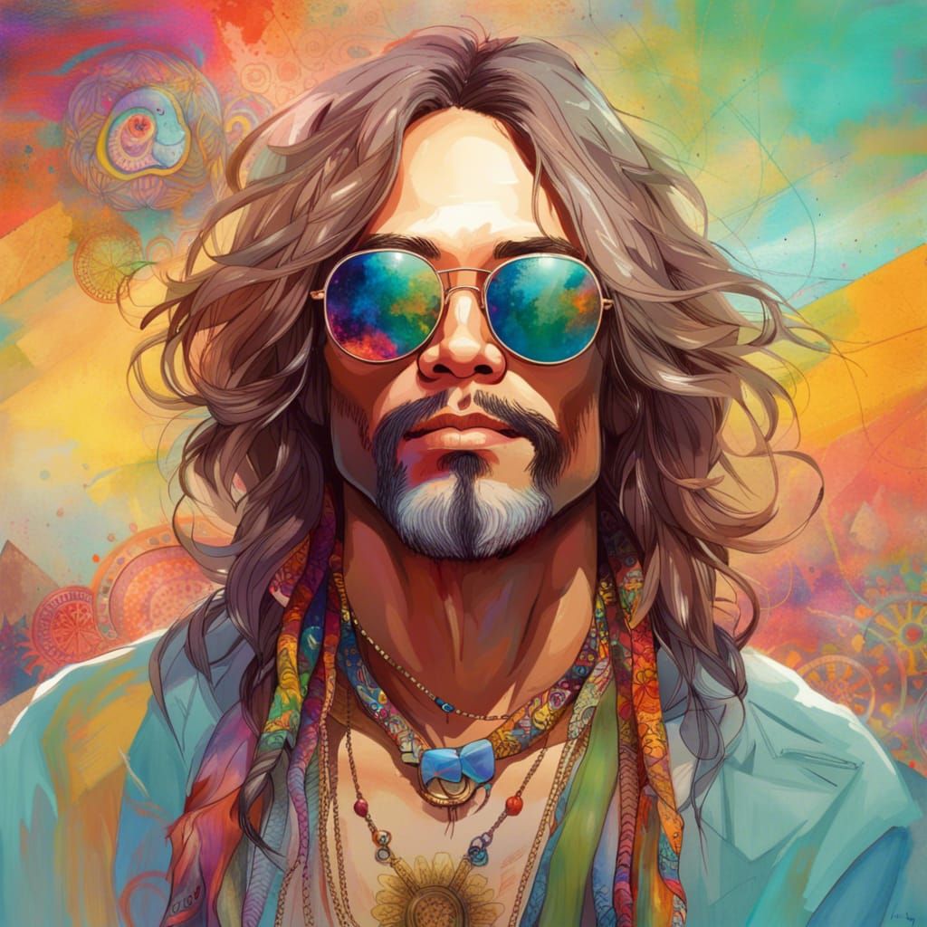 Hippie Portrait with Peace Necklace, Digital Art