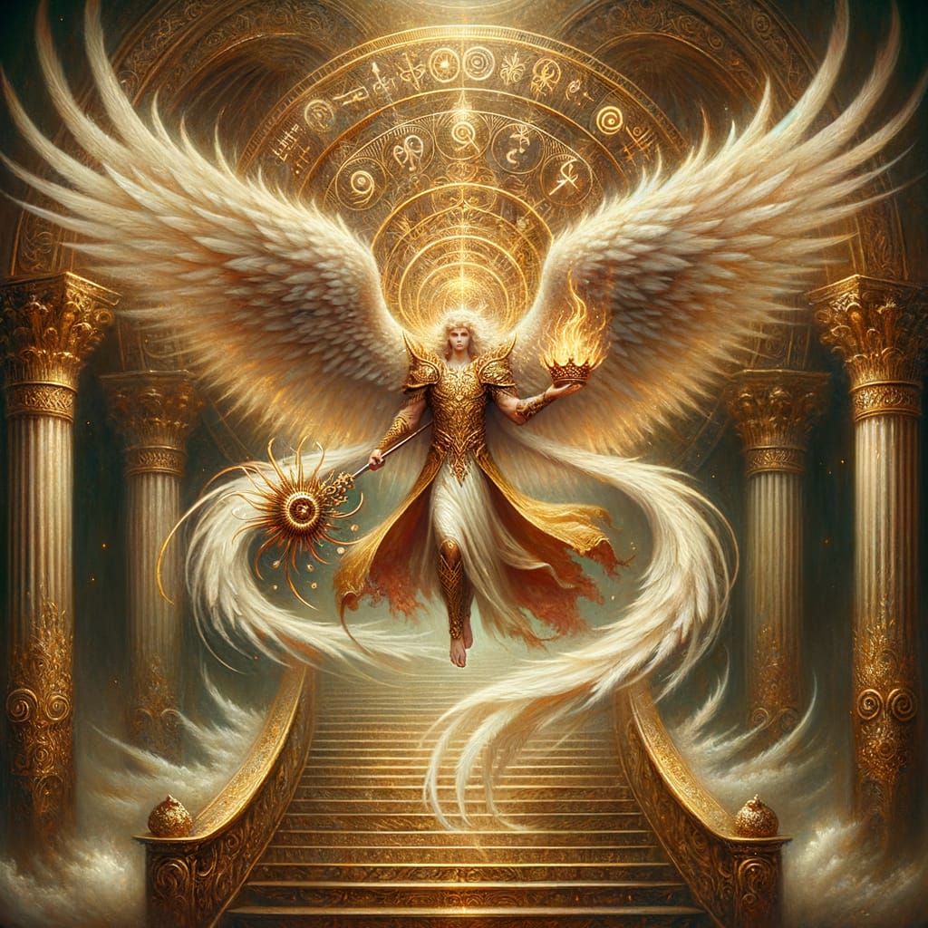 Archangel Jegudiel: Crown, Whip, and Fiery Wings