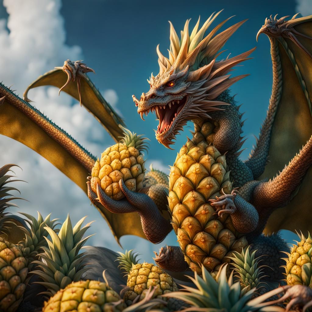 Three-Headed Dragon with Pineapple: Fantasy Concept Art