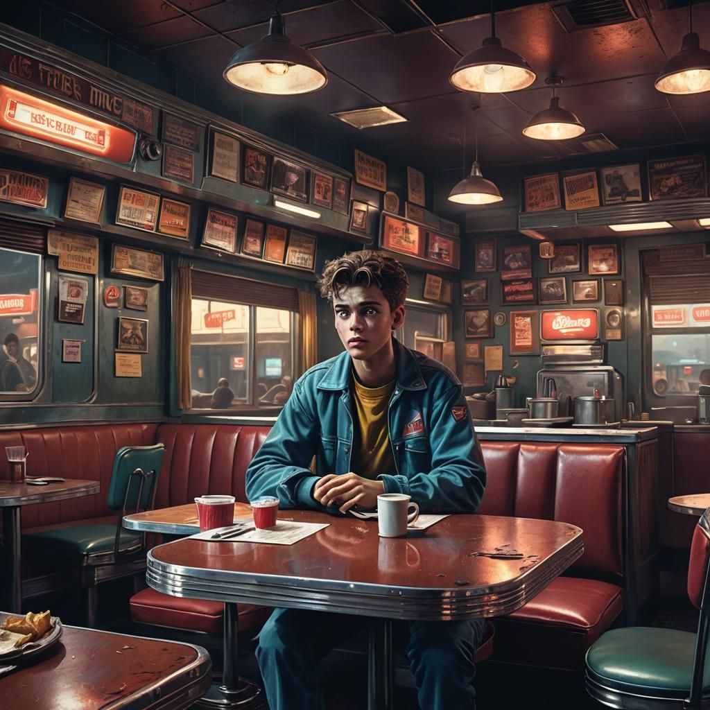 Frightened Boy Hiding in Diner, 1990s Horror Art