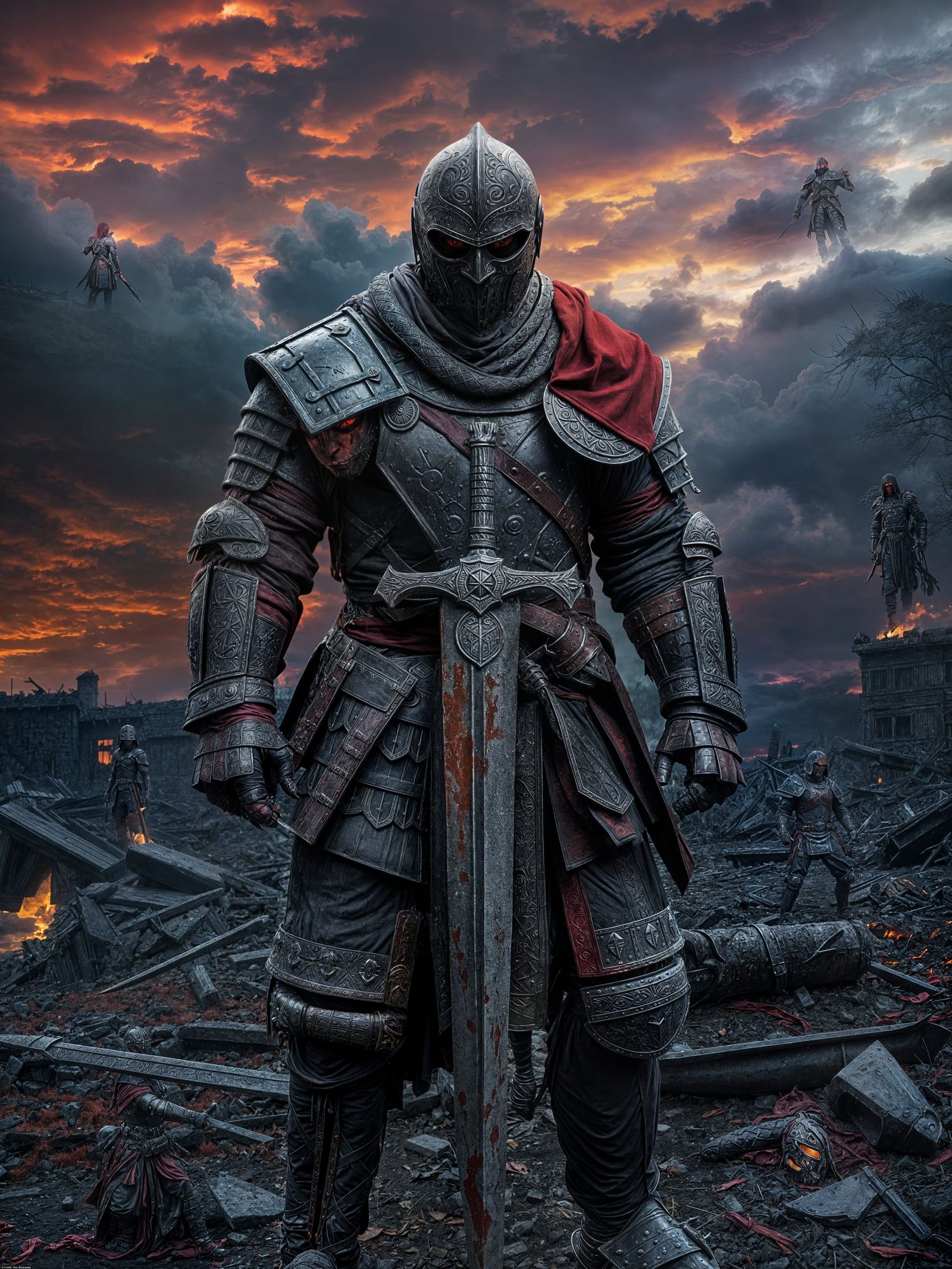 Medieval Warrior Exudes Authority on Blood-Stained Battlefie...