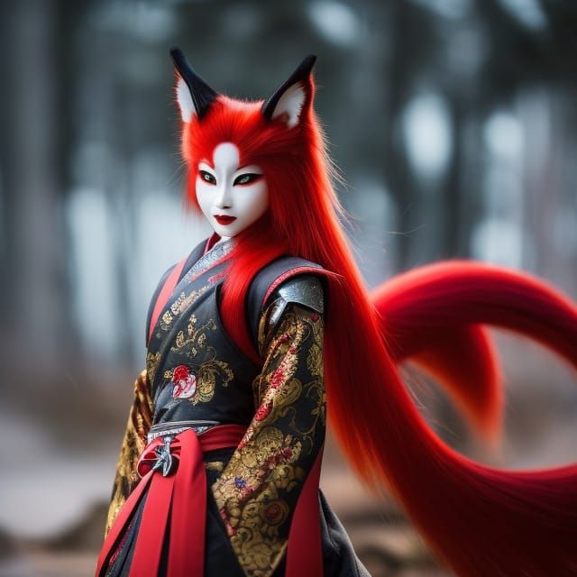 Kitsune Yokai Learning Illusion Magic with Fire Flowers