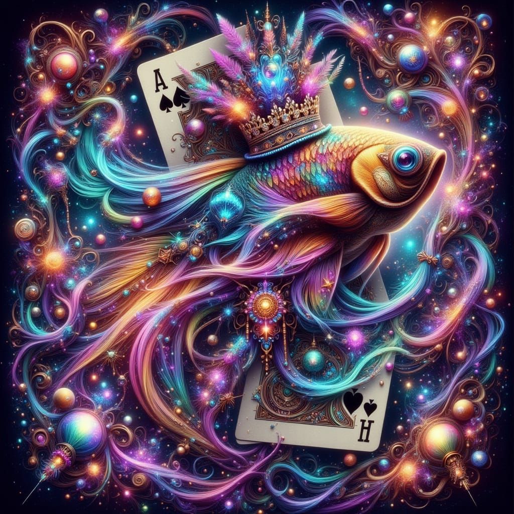 Whimsical Beta Fish Emerges from Hand-Painted Playing Cards