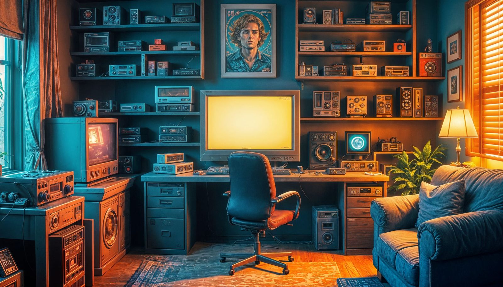 Retro Gaming Room with Consoles in Comic Book Art
