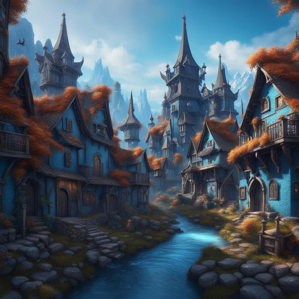 Fantasy Blue Village in Detailed Matte Painting Style