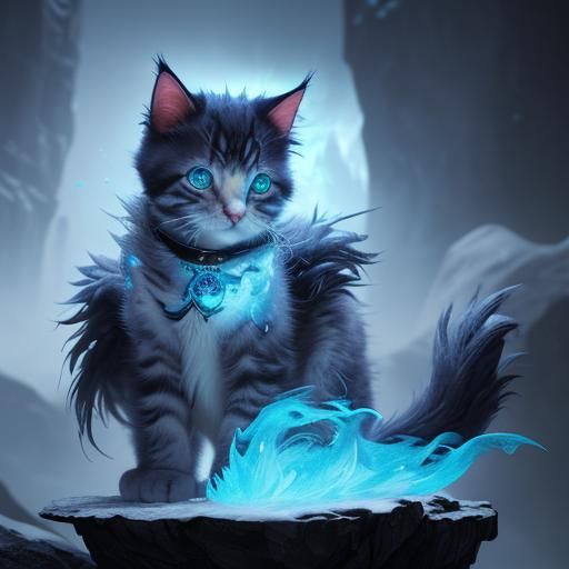Fiery Ice Kitten with Feathers: Fantasy Concept Art