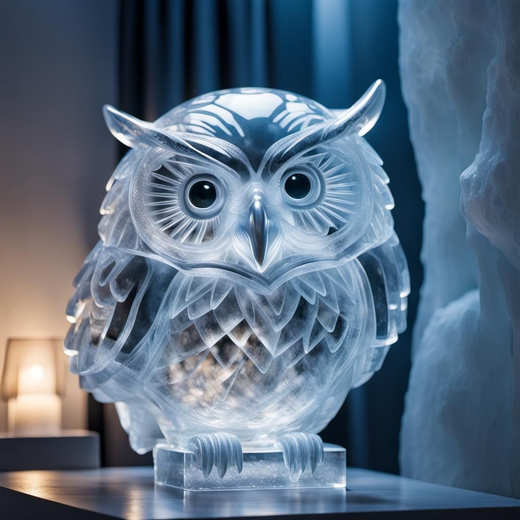 Glossy Ice Owl Sculpture Lit From Behind