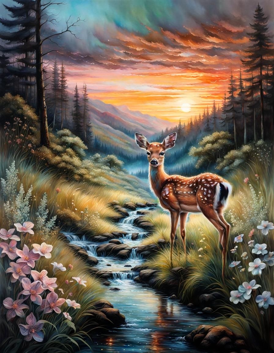 Fawn in Lush Forest at Sunset: Hyperrealistic Pastel Art