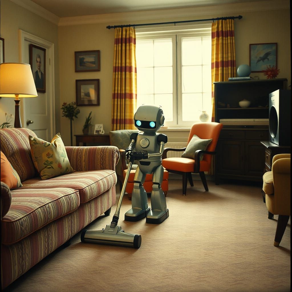 Retro Robot Vacuum Finds Warmth in 1950s Living Room