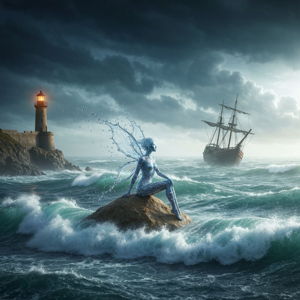 Water Fairy Amidst Stormy Seas in Cinematic Style