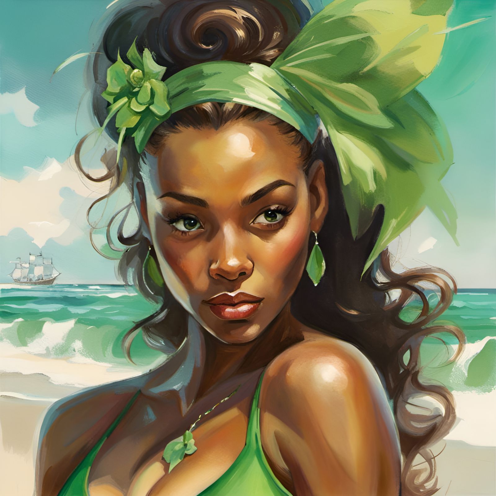 Princess Tiana Portrait on the Beach, Golden Age Style