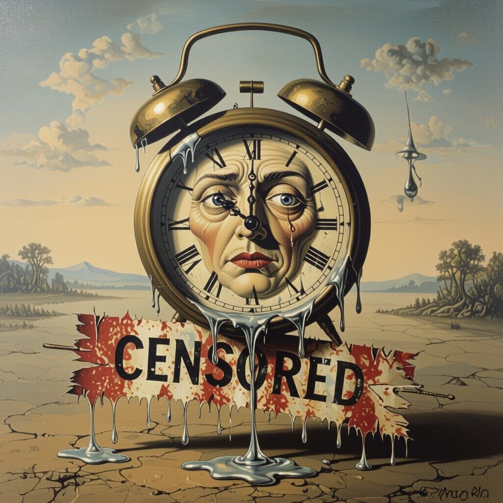 Melting Clock Drips Over Censored Banner in Surrealist Style