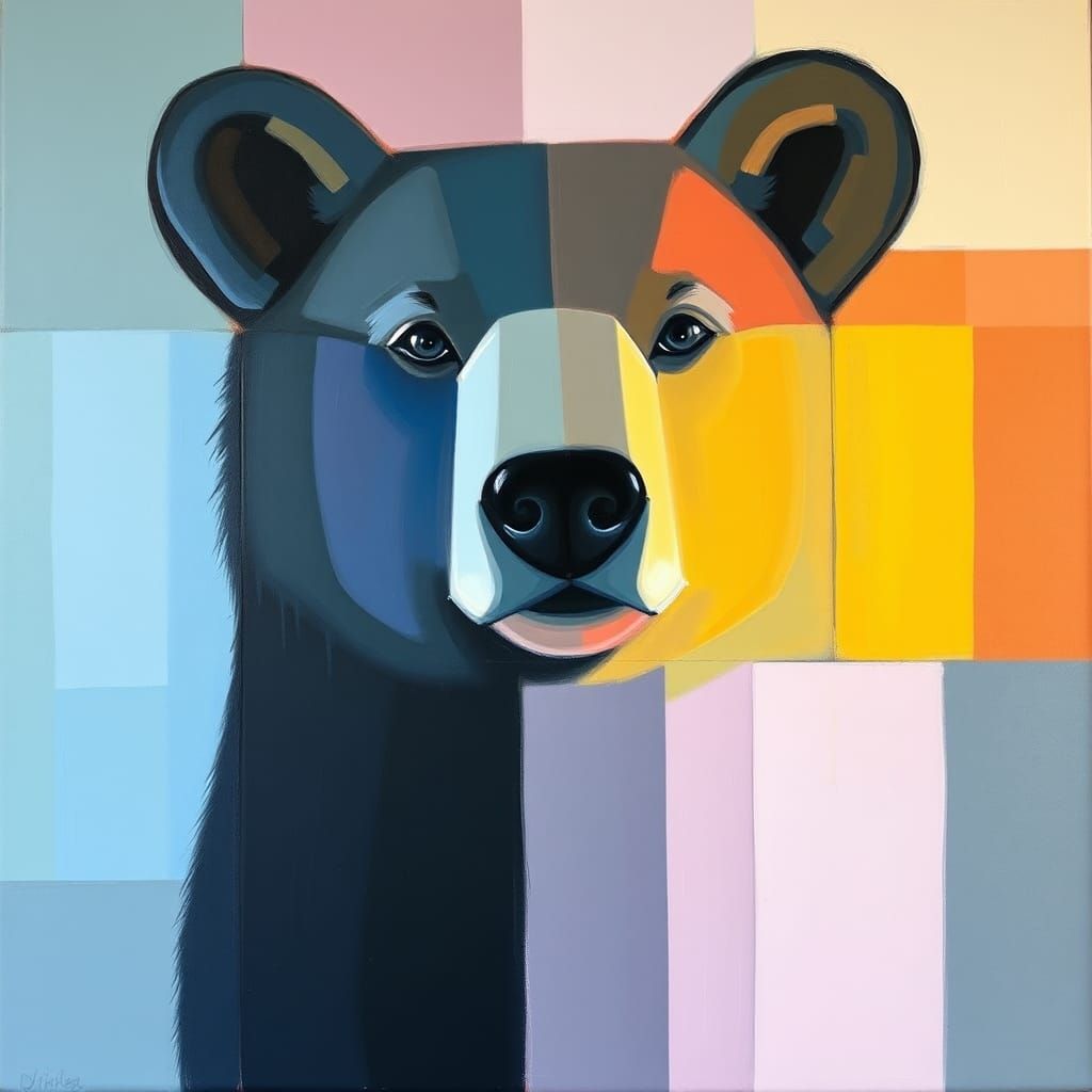 Abstract Bear in Piet Mondrian Style with Neon Accents