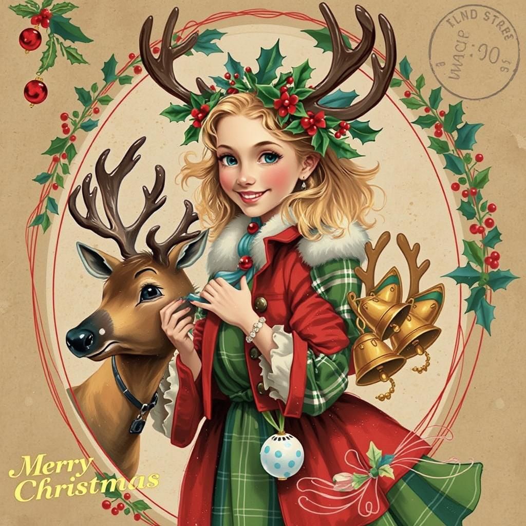 Vintage Christmas Postcard with Girl and Reindeer