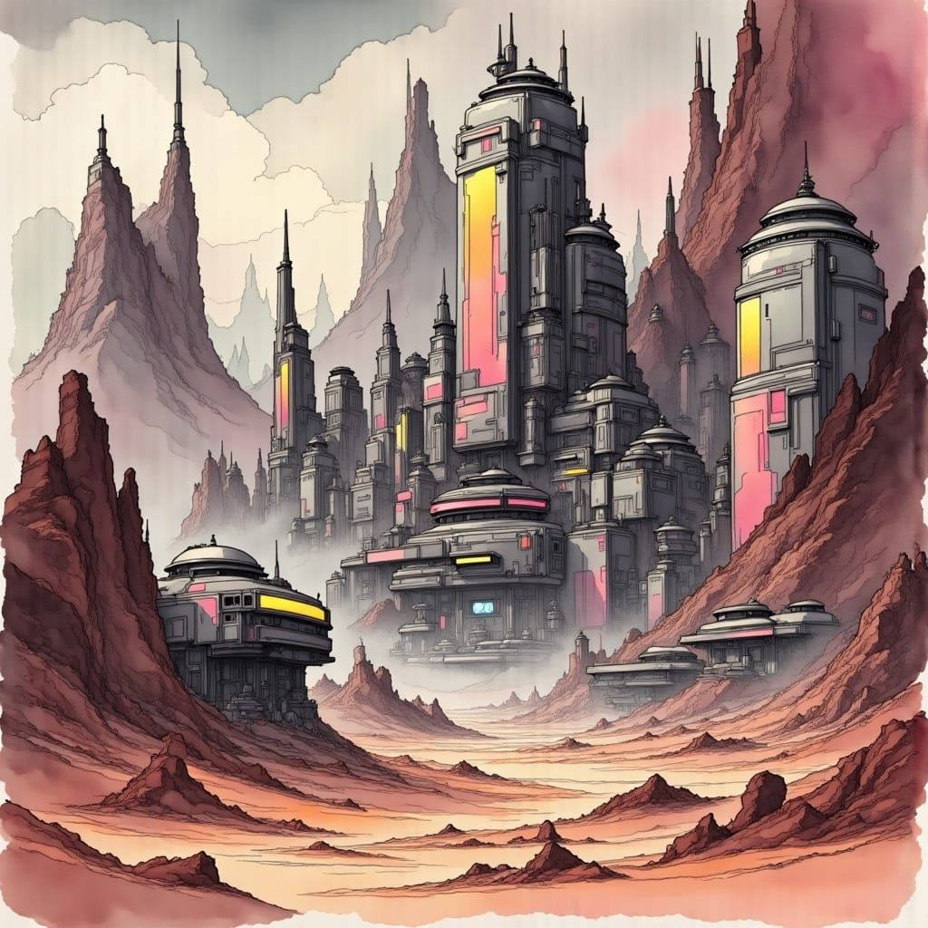 Dystopian Desert City in Muted Neon Style