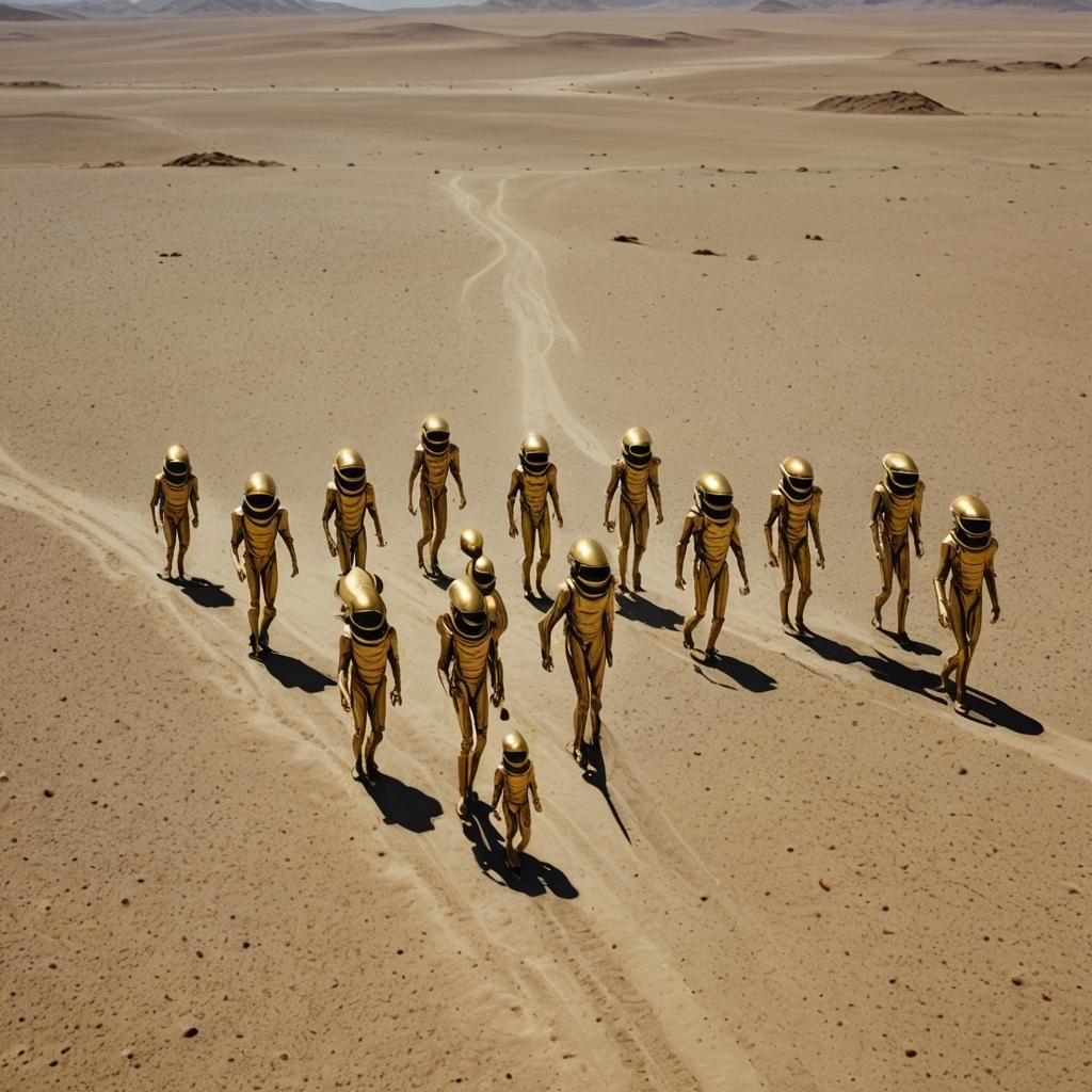 Golden Aliens Traverse Arid Desert Landscape
