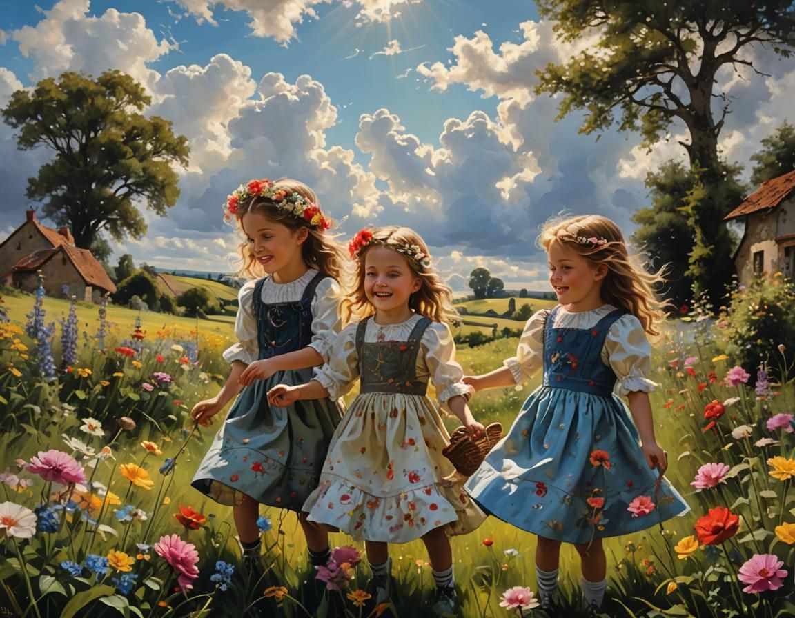 Twin Sisters Playing with Dolls in a Flower Meadow