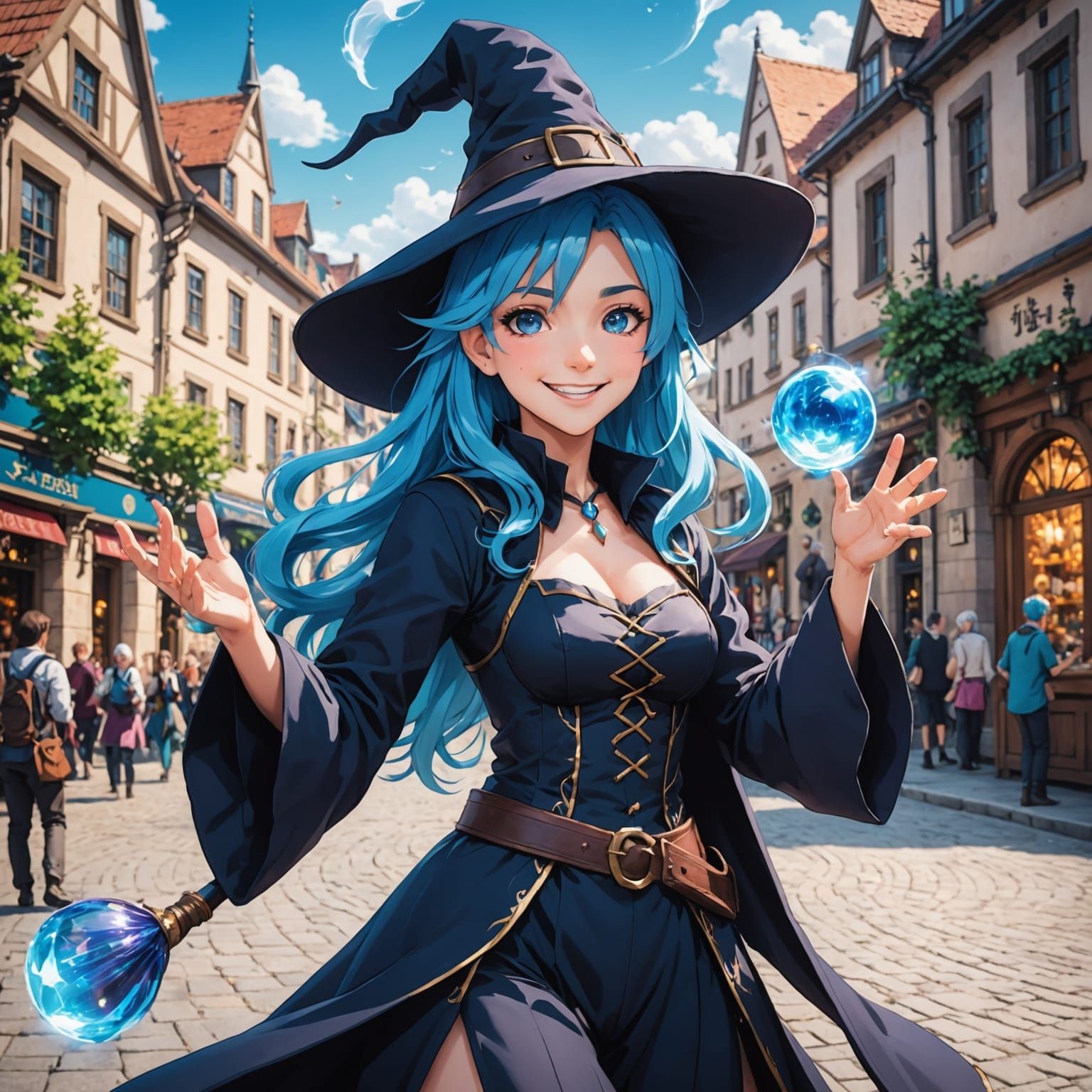 Blue Haired Witch Performs Magic in Town Square