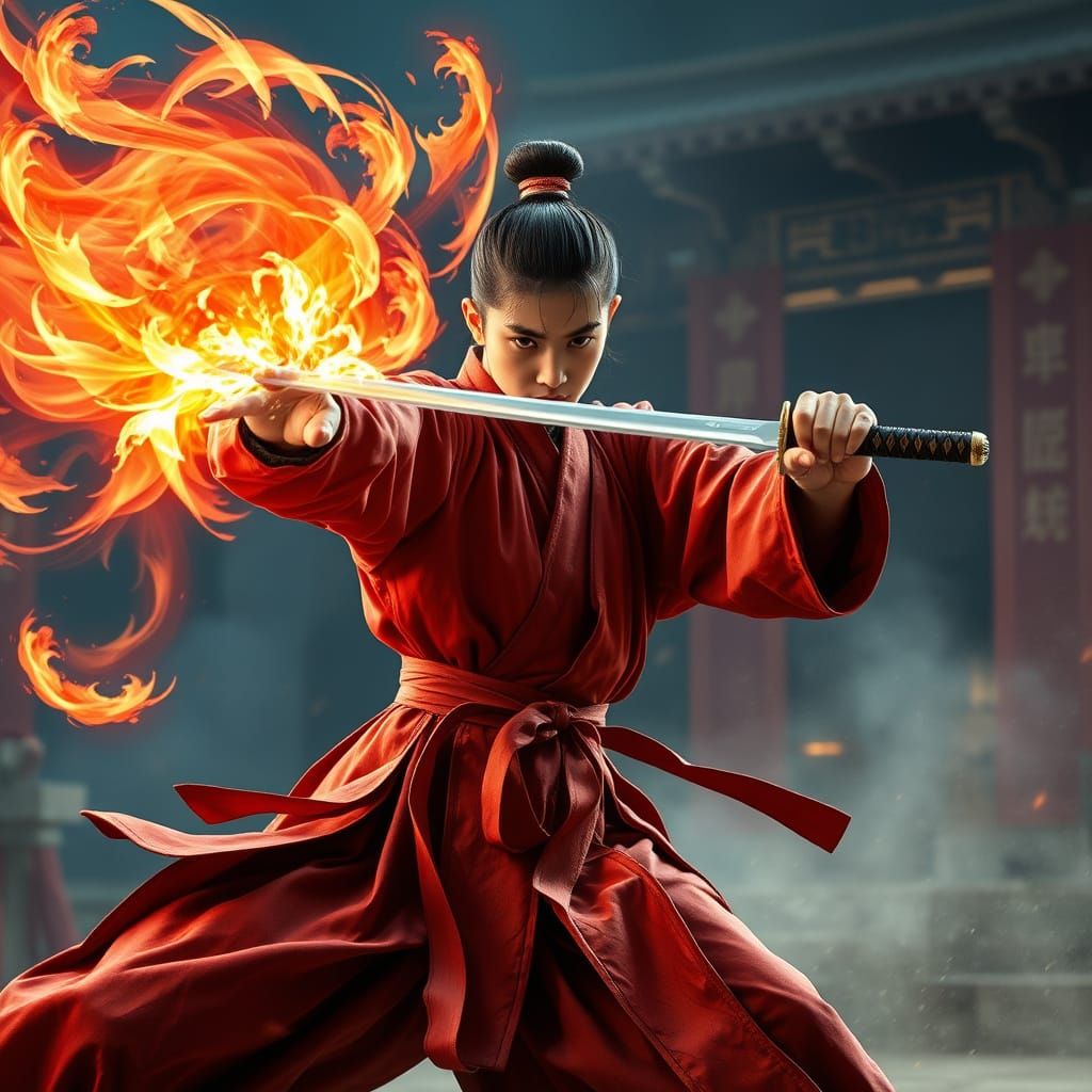 Wuxia young martial artist tournament showing qi palm attack and sword mastery