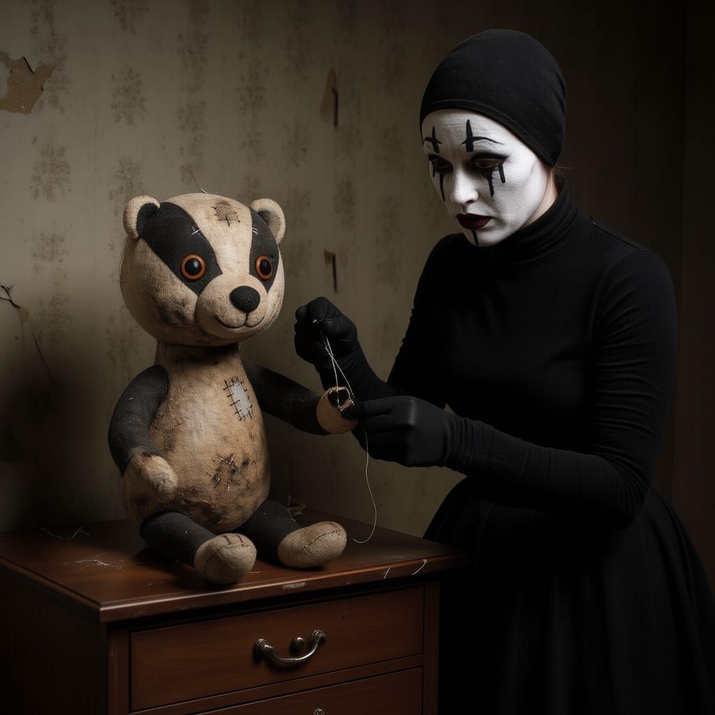 Mime Repairs Damaged Stuffed Badger in Sinister Room