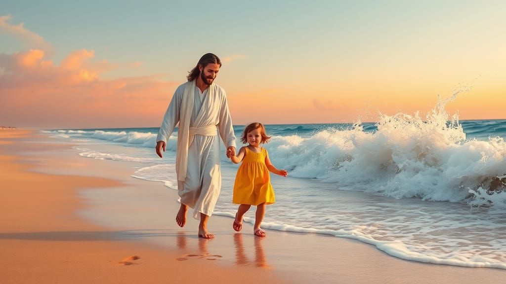 Jesus and Child Stroll Along Sunset Ocean Shore