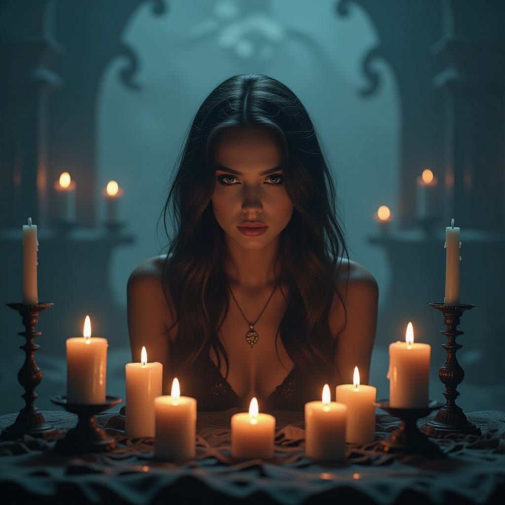 Mystical Figure Surrounded by Candles and Artifacts