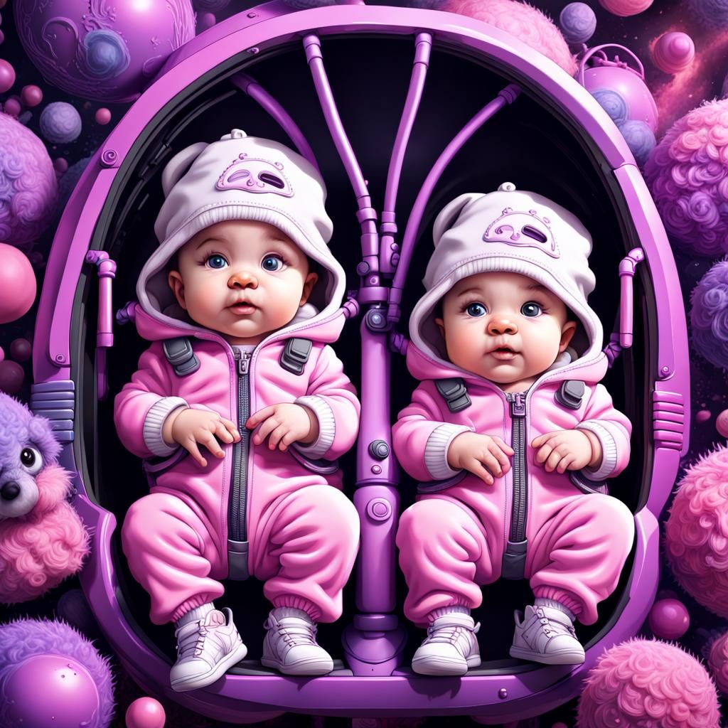 Three Cute Babies in Colorful Overalls, Airbrush Art