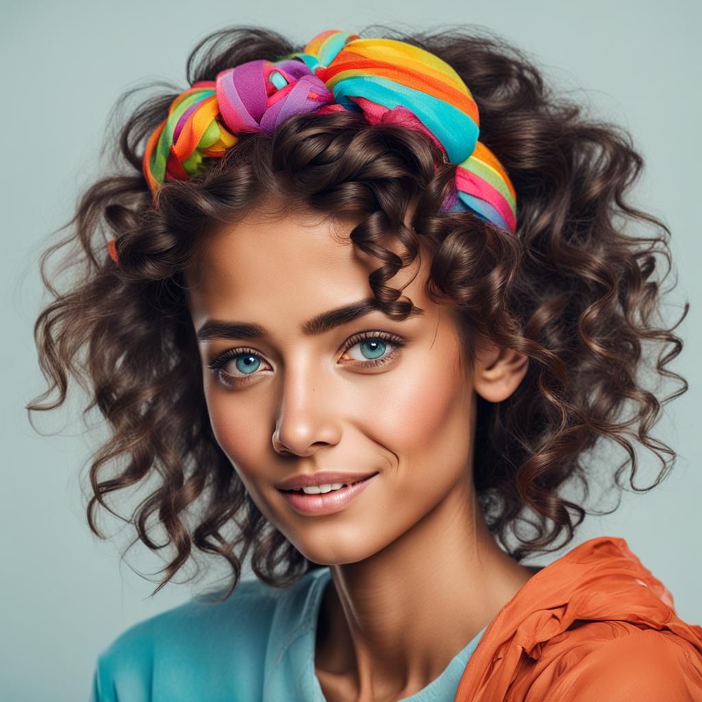 Young Woman with Curly Hair and Colorful Headband