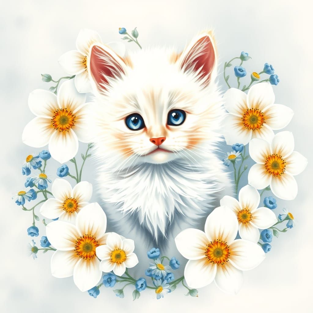 Whimsical Kitten Amidst Delicate Blooms in Ethereal Style