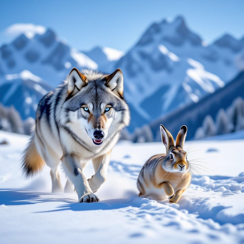 Arctic Wolf Chases Hare in Snowy Swiss Alps