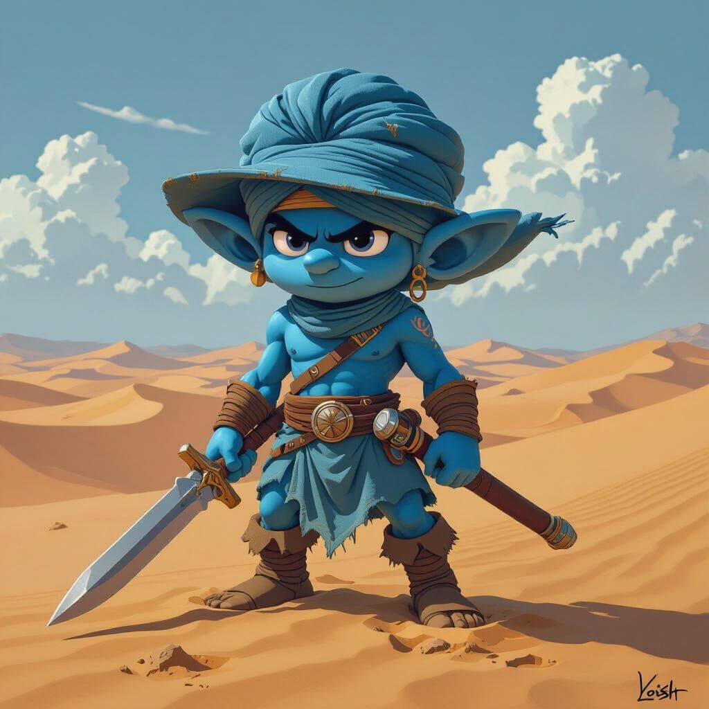 Warrior Smurf in Desert Landscape, Science Fiction Art