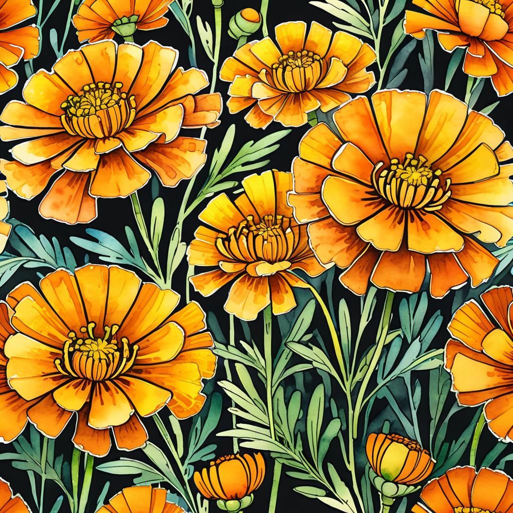 Sparkling Marigold Flowers in Expressionist Impasto Style