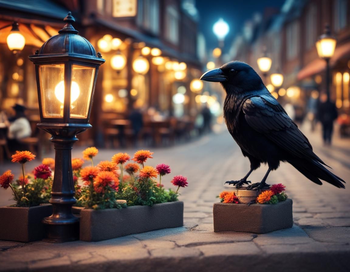 Steampunk Crow in Tilt-Shift City at Night