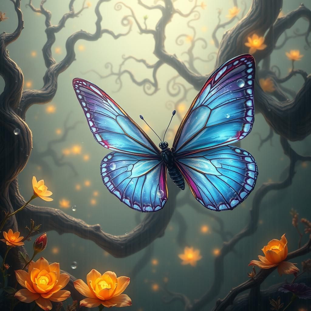 Iridescent Butterfly in Misty Fantasy Landscape