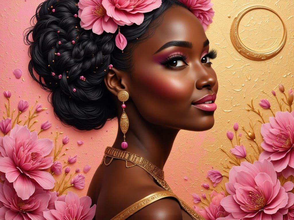 Regal Black Woman Portrait with Pink Flowers, Impasto Style